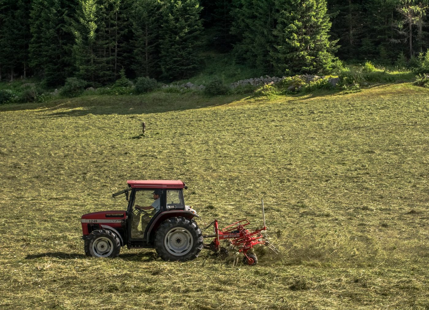 Traktor mit Heuwender auf einer Bergwiese