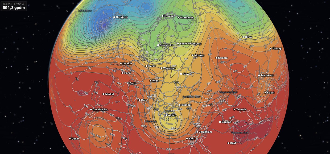 Höhenwetterkarte über Europa auf einem Globus